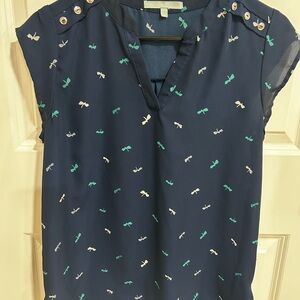 Women’s Navy Dragonfly Print Cap Sleeve Blouse
